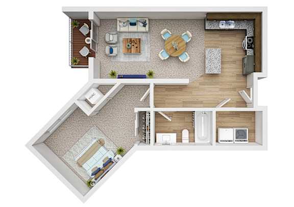 A top-down view of a living room with a kitchen area.