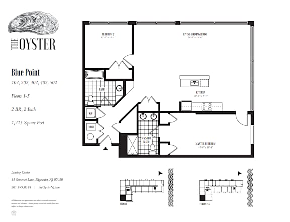 A floor plan for a property at Blue Point shows a 2 bedroom, 2 bath home with a garage.