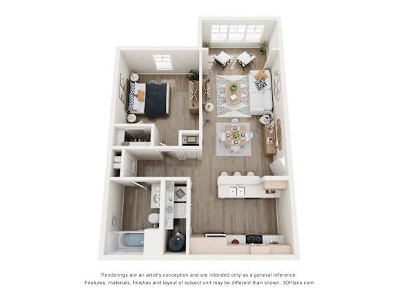 One bedroom apartment floor plan with one bathroom at Blue Sky Landing in College Park GA featuring 790 square feet and an open concept kitchen and living area