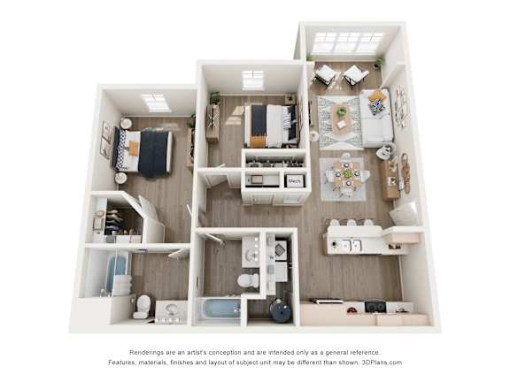 A 3D floor plan of a small apartment with a kitchen, living room, and bathroom.