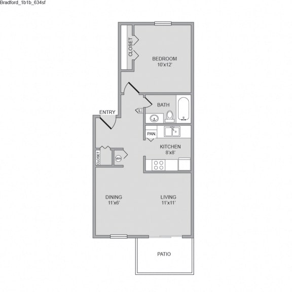 1 Bed 1 Bath, 634 square feet floor plan Bradford