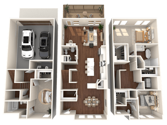A 3D floor plan of a house showing three different rooms.