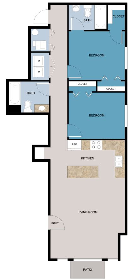 A floor plan of a house with two bedrooms, a living room, a kitchen, a bathroom, and a patio.