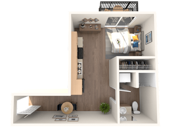 A 3D rendered image of a small apartment layout.