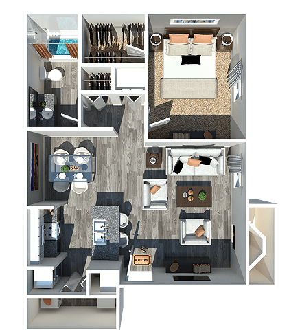 a 3d rendering of a bedroom and bathroom floor plan
