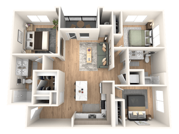 A 3D floor plan of a house showing all the rooms and their layouts.