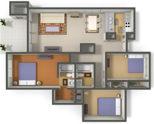 A 3D floor plan of a house with multiple rooms.