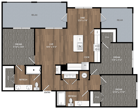 A floor plan of a house with a dining area, living room, and kitchen.