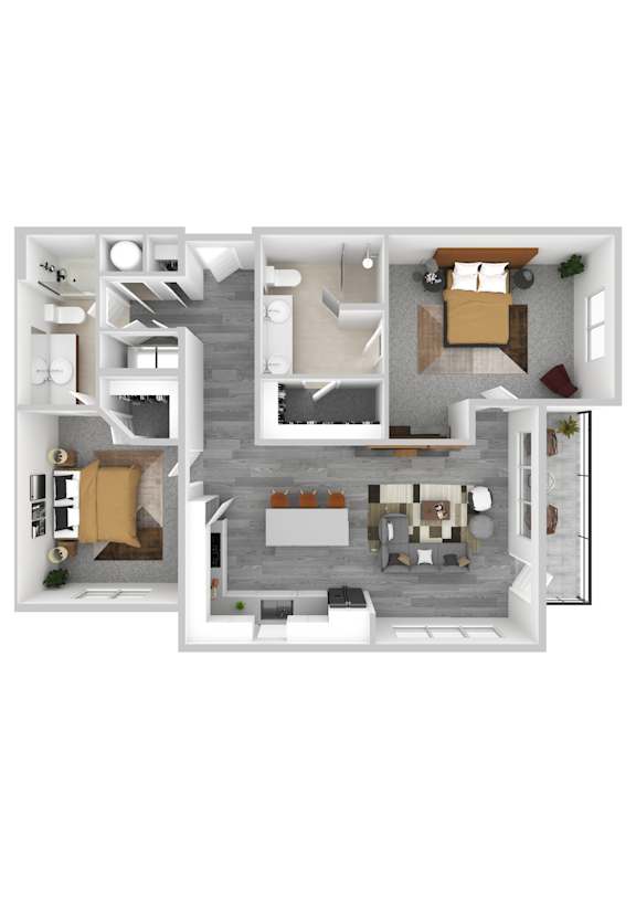 A 3D floor plan of a house with a kitchen, living room, and bedrooms.