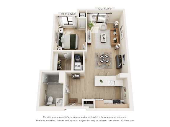 A 3D floor plan of a small apartment with a kitchen, living room, and bathroom.