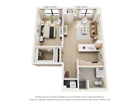 A 3D floor plan of a small apartment with a kitchen, living room, and bathroom.