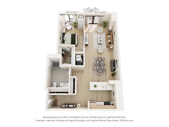A 3D floor plan of a small apartment with a kitchen, living room, and bathroom.