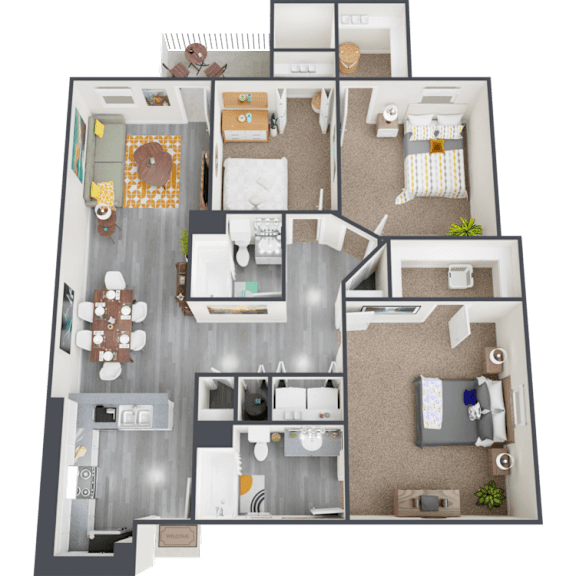 A 3D floor plan of a house showing a kitchen, living room, dining room, and bedrooms.