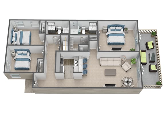 A 3D floor plan of a house with two bedrooms, a living room, a kitchen, and a bathroom.