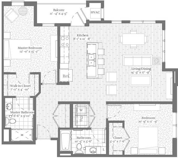 A floor plan of a house with a balcony, kitchen, living room, and multiple bathrooms.