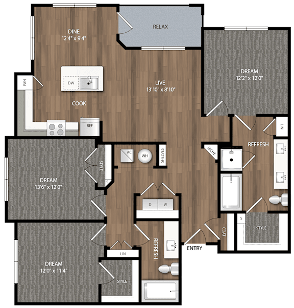 A floor plan of a house with a dining area, a kitchen, a living room, and a bathroom.