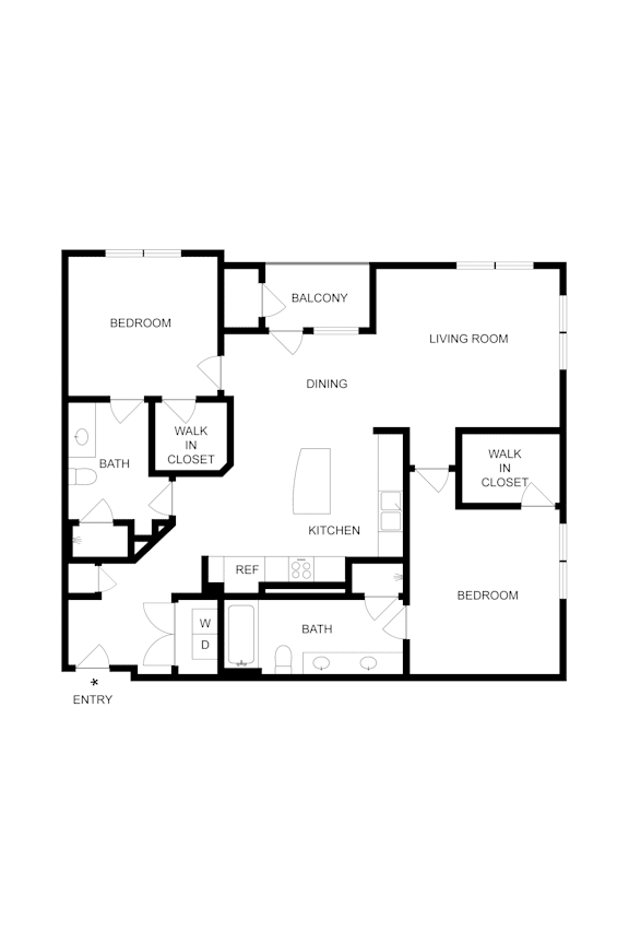 A floor plan of a house with a living room, two bedrooms, a bathroom, a kitchen, a dining room, and a walk-in closet.