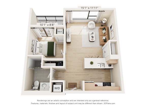 A 3D floor plan of a small apartment with a kitchen, living room, and bathroom.