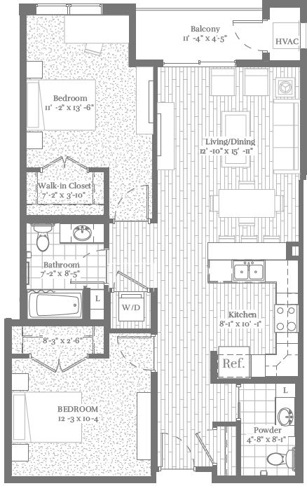A floor plan of a house with a balcony, two bedrooms, a living/dining area, a kitchen, a bathroom, and a laundry room.