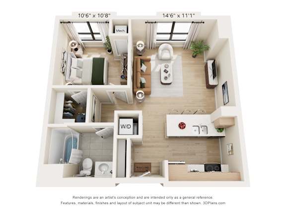 A floor plan of a small apartment with a kitchen, living room, and bathroom.