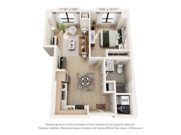 A 3D floor plan of a small apartment with a kitchen, living room, and bathroom.