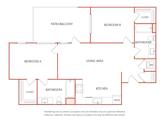 A red line drawing of a house layout with labeled rooms.