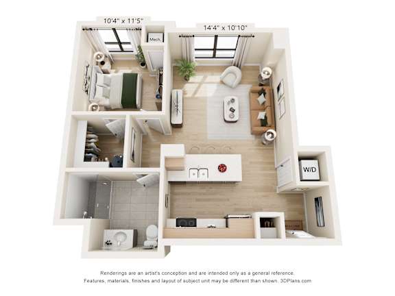 A 3D floor plan of a small apartment with a kitchen, living room, and bathroom.