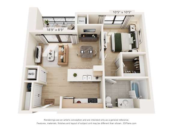 A 3D floor plan of a small apartment with a kitchen, living room, and bathroom.