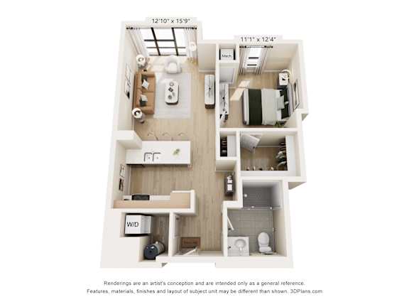 A 3D floor plan of a small apartment with a kitchen, living room, and bathroom.