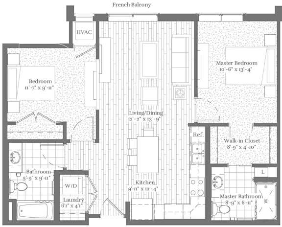 A floor plan of a house with a French balcony and a master bedroom.