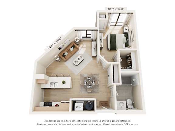 A 3D floor plan of a small apartment with a kitchen, living room, and bathroom.