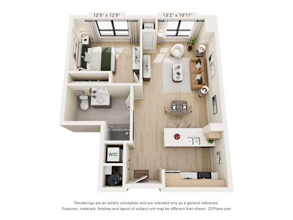 A floor plan of a small apartment with a kitchen, living room, and bathroom.