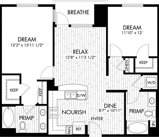 Floor Plan  2 bed  2 Bath 1076 square feet floor plan B1