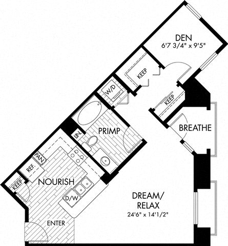 Studio 1 Bath 713 square feet floor plan S5