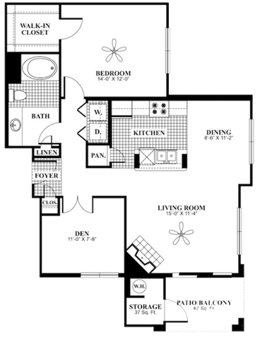 Floor Plan  1 bed 1 Bath 975 square feet Calm &#x2B; Den floor plan