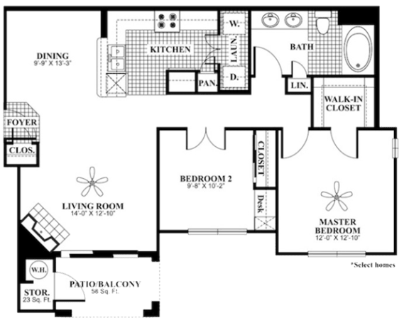 2 bed 1 Bath 970 square feet Refresh floor plan
