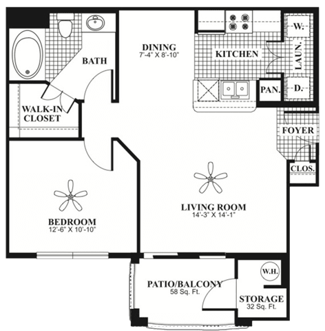 Floor Plan  1 bed 1 Bath 715 square feet Retreat floor plan