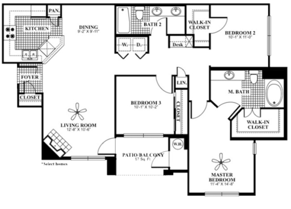 3 bed 2 Bath 1285 square feet Splendor floor plan