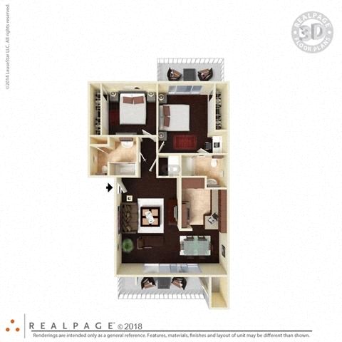 2 Bed, 2 Bath, 995 square feet floor plan 3d furnished
