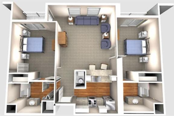 2 bed  2 Bath 877 -to 984 square feet 3d furnished floor plan 2 Bedroom 2A