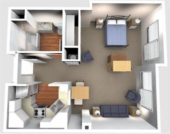 Studio 1 Bath 525 square feet 3d furnished floor plan Studio A
