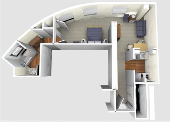 Studio 1 Bath 493 square feet 3d furnished floor plan Studio B