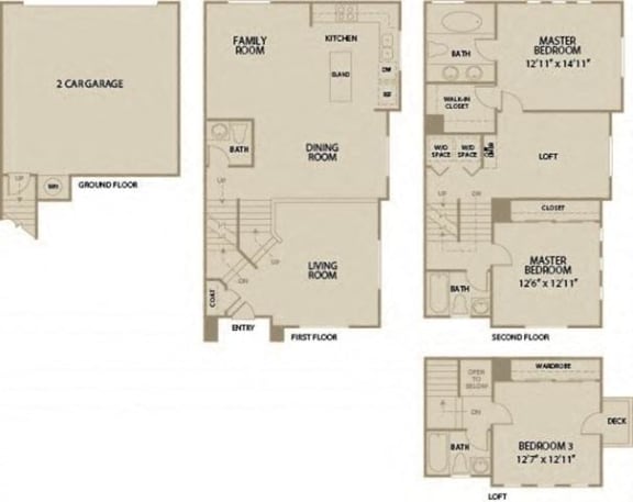 3 bed 3.5 Bath 2042 square feet floor plan Plan C
