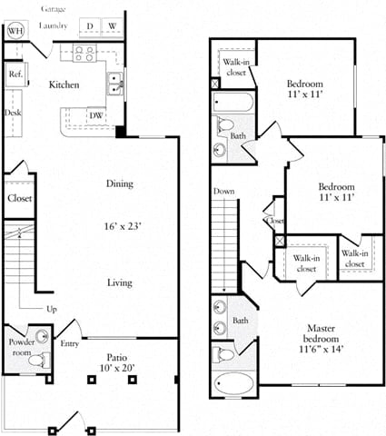3 Bed 2 Bath 1329 square feet floor plan Townhouse