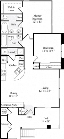 Floor Plan  2 Bed 2 Bath 1001 square feet floor plan Plan A