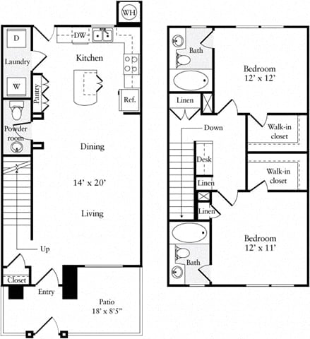 2 Bed 2.5 Bath 1102 square feet floor plan Townhouse