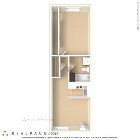 1 Bed, 1 Bath, 580 square feet color floor plan  B