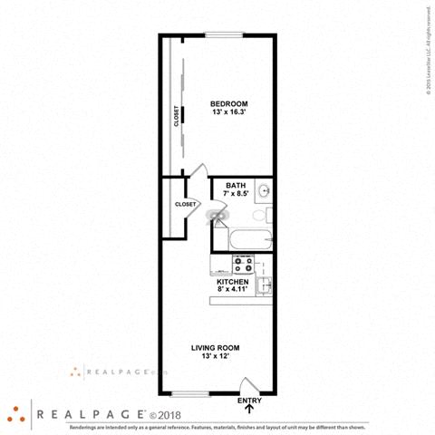 1 Bed, 1 Bath, 580 square feet floor plan B