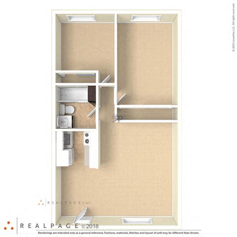 2 Bed, 1 Bath, 800 square feet color floor plan