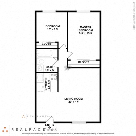 2 Bed, 1 Bath, 800 square feet floor plan